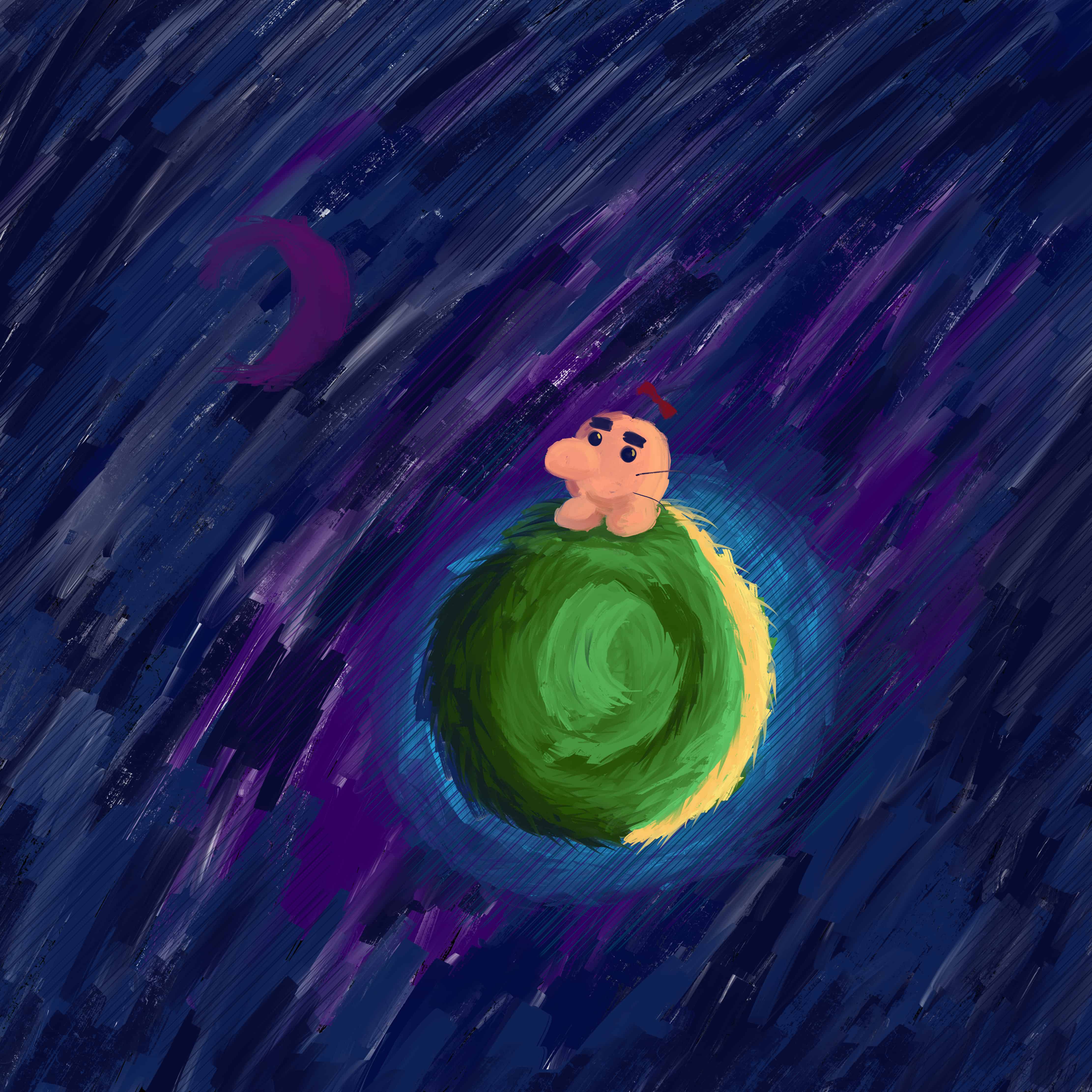 A Mr Saturn from the Mother series of games. A pink creature with a head and two feet, whiskers, eyes, eyebrows, and a bow. Standing on a lush green planet hurdling through space